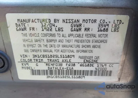 2005 Nissan Sentra 1.8S z USA, uszkodzony, nr VIN 3N1CB51D25L511809